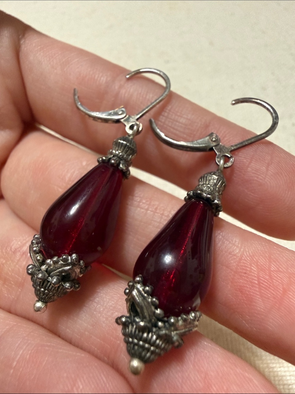 Elegant Sterling Burgundy Teardrop Dangle Earrings - Picture 7 of 10